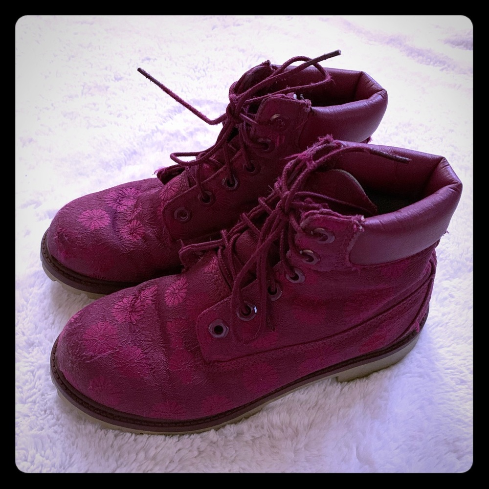 Fuchsia floral Timberland boots.